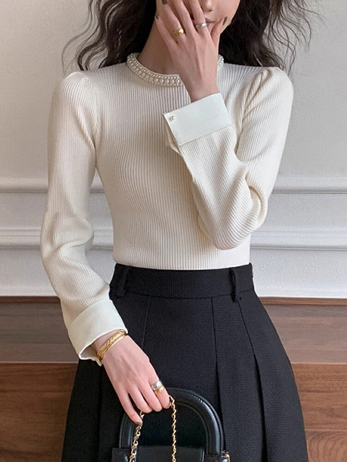 Ribbed Knit Sweater with Pearl Trim Crew Neck and Contrast Cuffs, Slim Fit