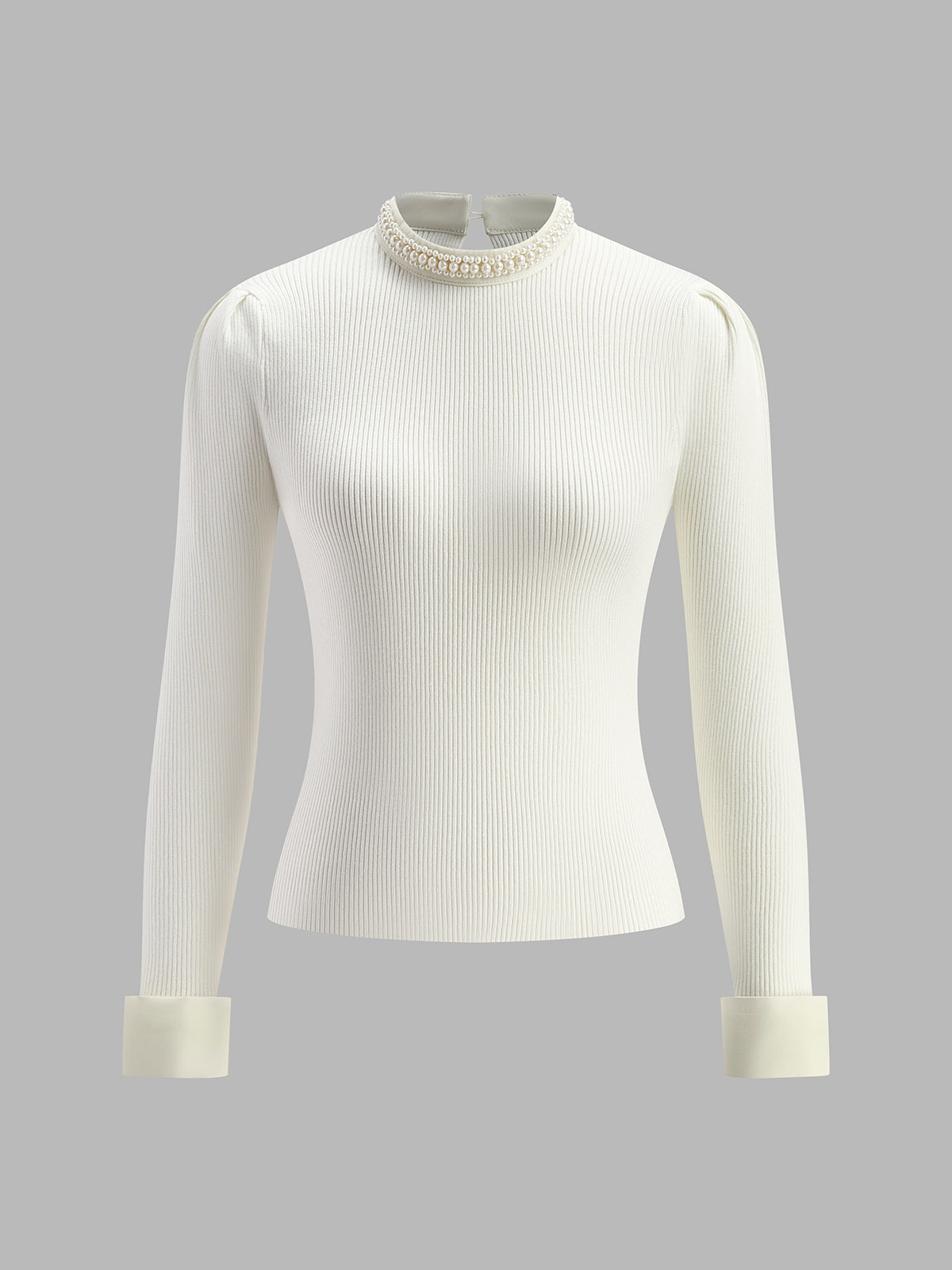Ribbed Knit Sweater with Pearl Trim Crew Neck and Contrast Cuffs, Slim Fit