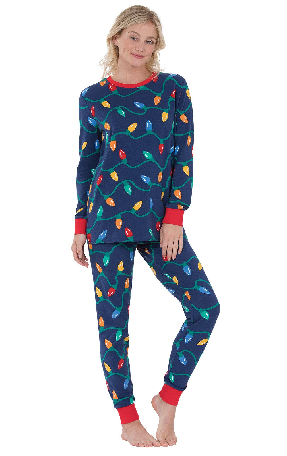 Cotton Jersey Pajama Set with Christmas Lights Pattern and Elastic Cuffs