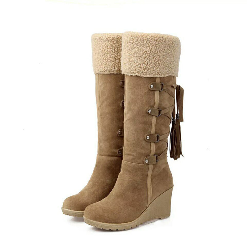 Wedge Winter Boots for Women with Plush Faux Fur Lining and Side Zipper, Treaded Sole