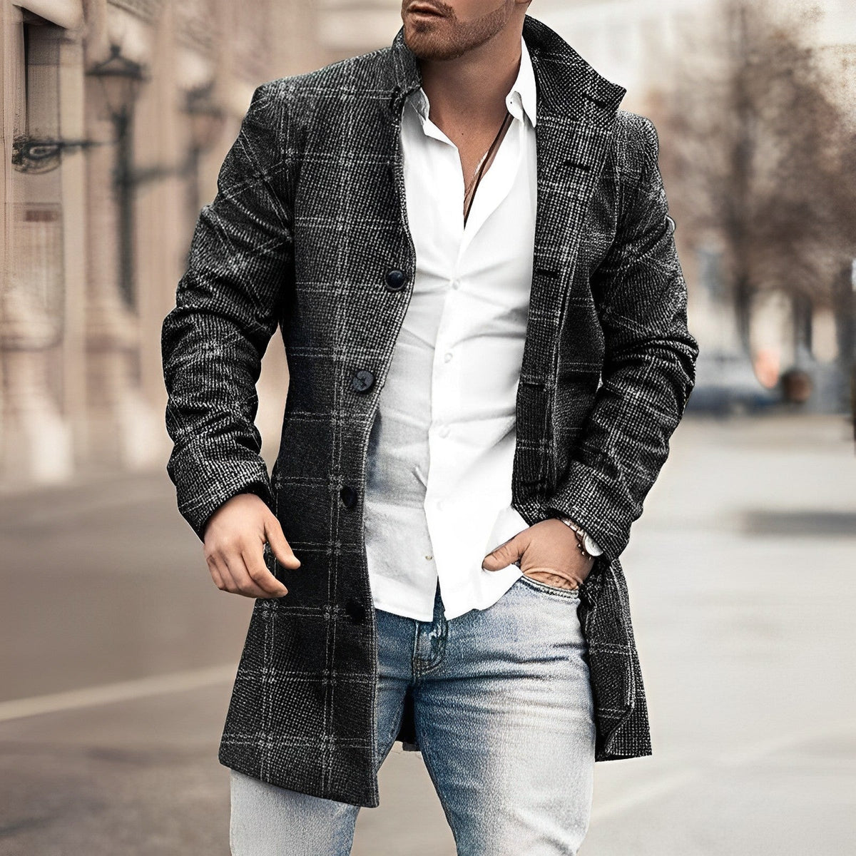Mens Long Coat with Button Front and Tailored Fit, Wool-Blend Lining