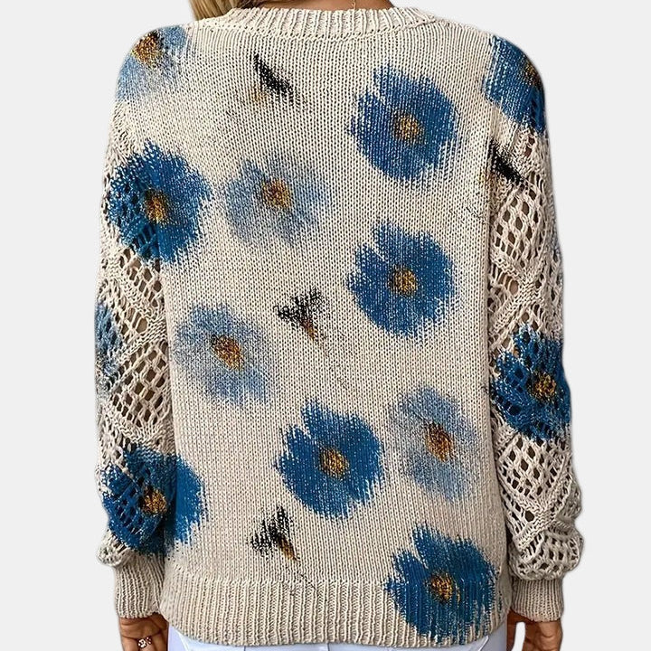 Floral Knit Sweater with V-Neckline and Open Sleeves for Women - Ribbed Hem