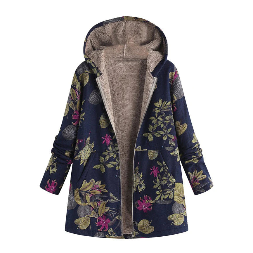 Womens Winter Coat with Adjustable Hood and All-Over Floral Print, Insulated Fill