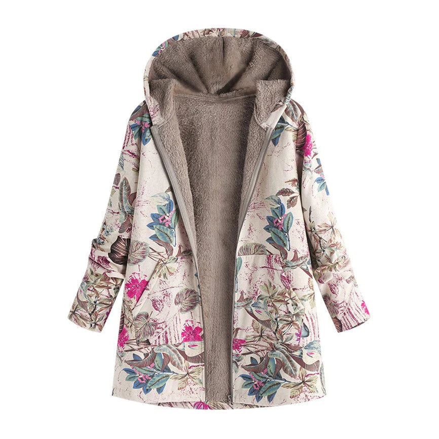 Womens Winter Coat with Adjustable Hood and All-Over Floral Print, Insulated Fill