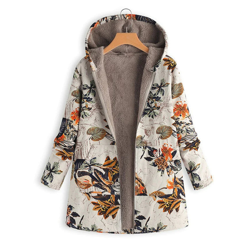 Womens Winter Coat with Adjustable Hood and All-Over Floral Print, Insulated Fill
