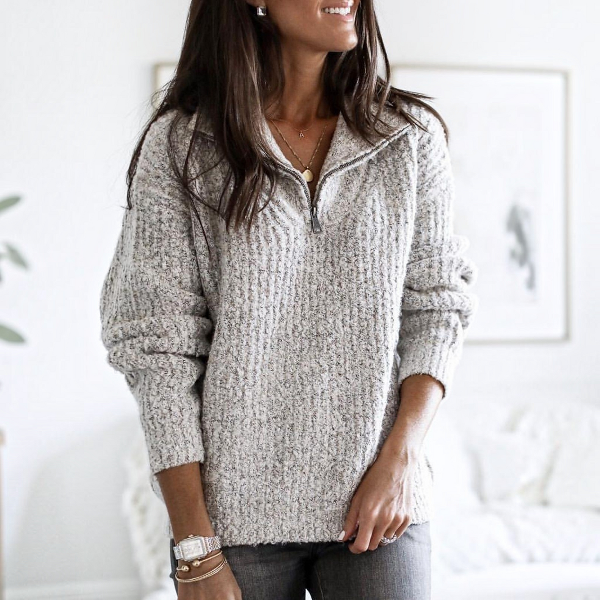 Zip-Up Ribbed Sweater for Women with Full-Length Zip and Tailored Fit, Breathable Knit