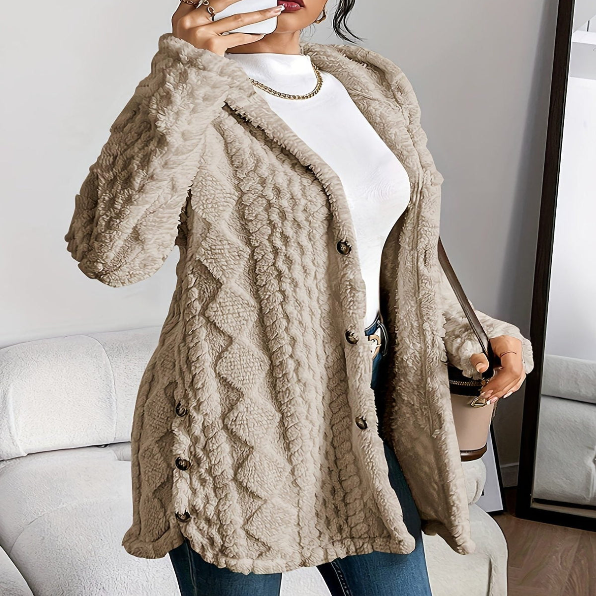 Oversized Plush Hooded Cardigan for Women - Khaki