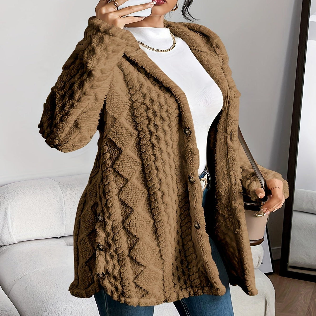 Oversized Plush Hooded Cardigan for Women - Brown