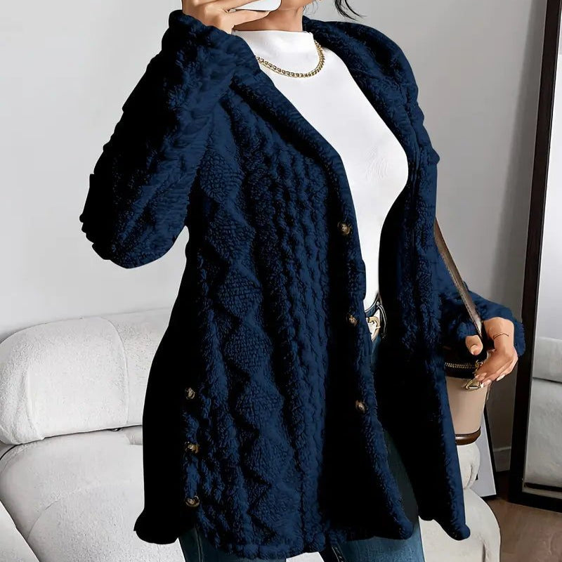 Oversized Plush Hooded Cardigan for Women - Navy Blue