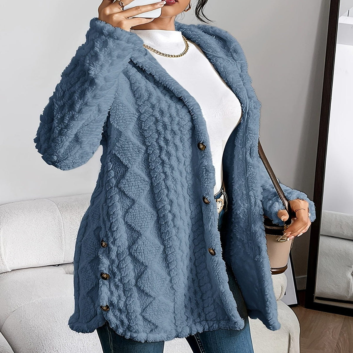 Oversized Plush Hooded Cardigan for Women - Denim Blue