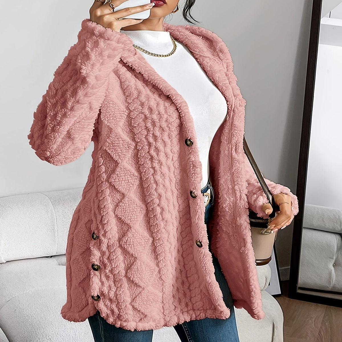 Oversized Plush Hooded Cardigan for Women - Pink