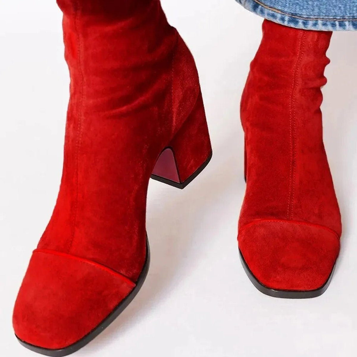 Block Heel Suede Ankle Boots with Leopard Toe for Women - Red