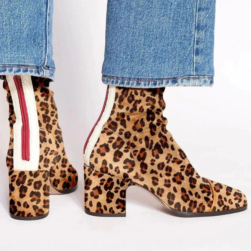 Block Heel Suede Ankle Boots with Leopard Toe for Women - Leopard Print