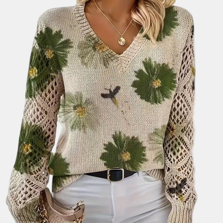 Floral Knit Sweater with V-Neckline and Open Sleeves for Women - Ribbed Hem