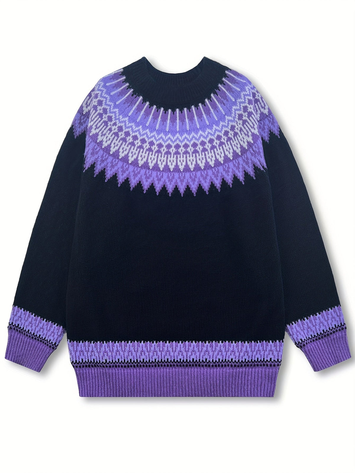 Chunky Jacquard Knit Sweater with Round Neck and Relaxed Fit