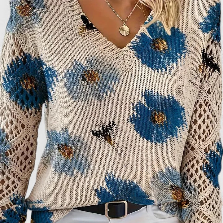 Floral Knit Sweater with V-Neckline and Open Sleeves for Women - Ribbed Hem