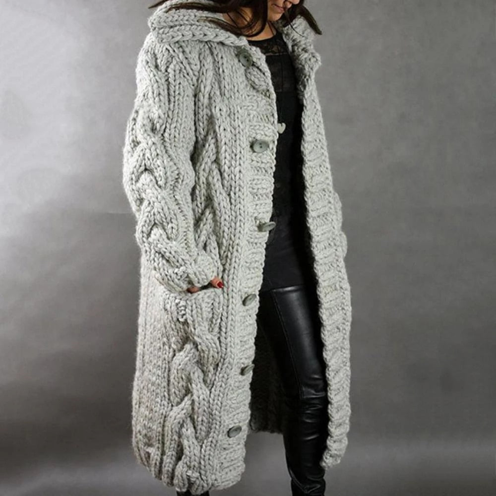 Oversized Cable Knit Cardigan with Button Front and Full-Length Coverage