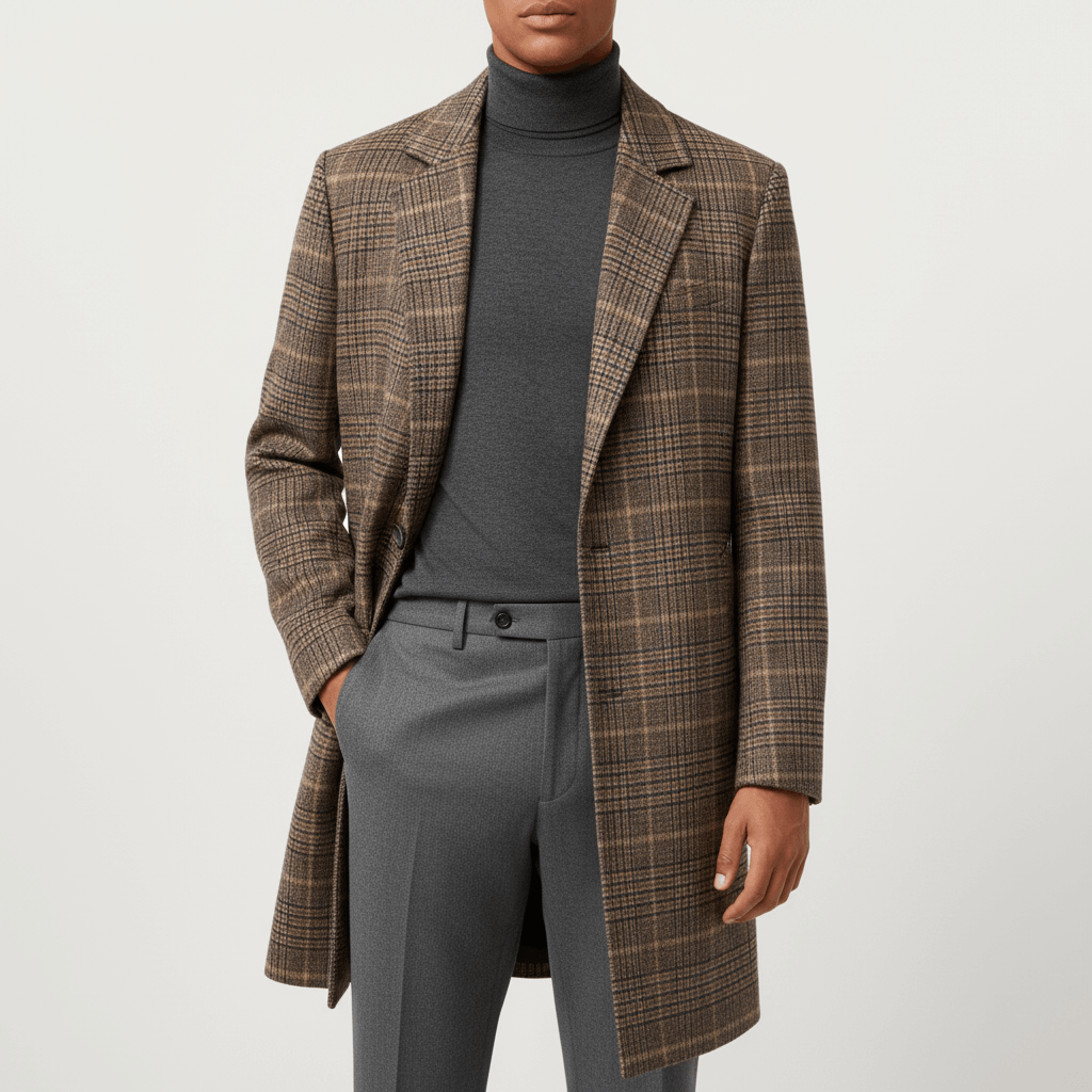 Brown Plaid Wool Overcoat for Men