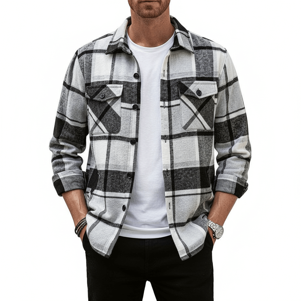 Checkered Button Jacket for Men, Casual Long Sleeve Layer