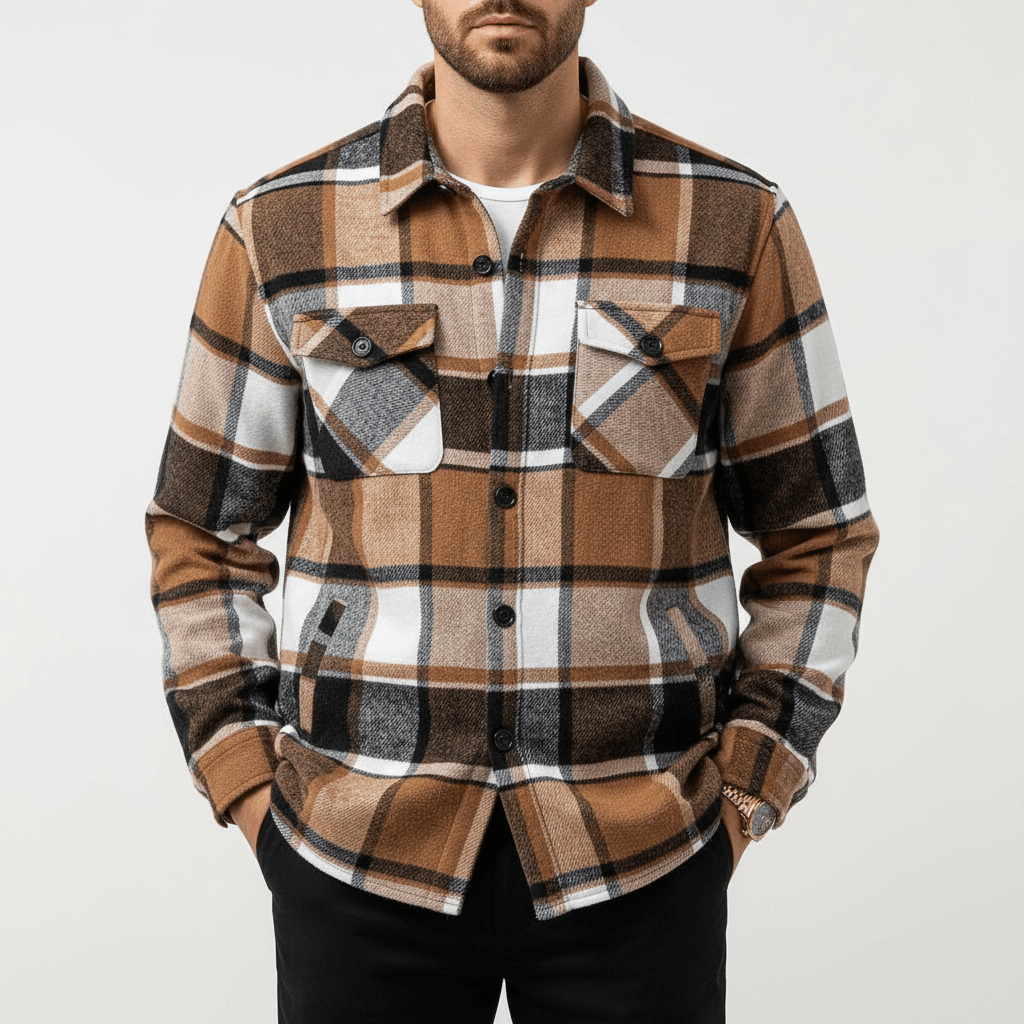 Checkered Button Jacket for Men, Casual Long Sleeve Layer