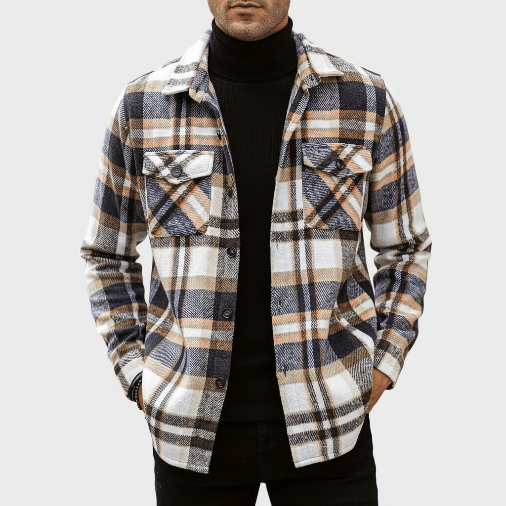 Checkered Button Jacket for Men, Casual Long Sleeve Layer
