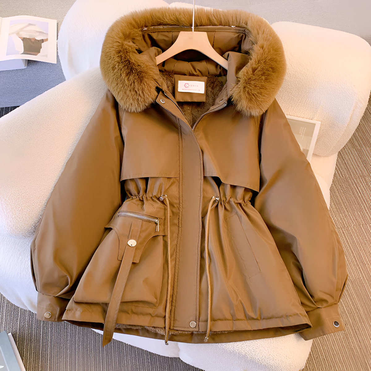 Womens Winter Coat with Plush Faux Fur Collar and Adjustable Drawstring Waist, Pockets