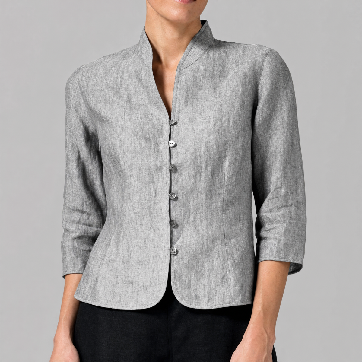 Womens Chambray Blouse with Stand Collar and Three Quarter Sleeves, Button Front