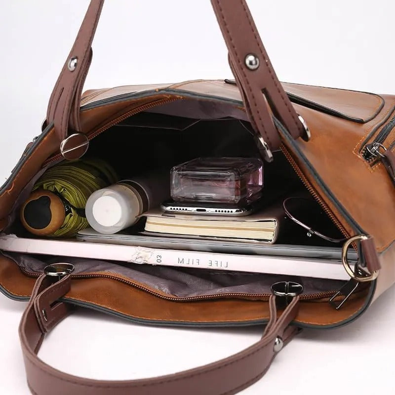 Zippered Handbag with Multiple Compartments and Organized Interior Sections