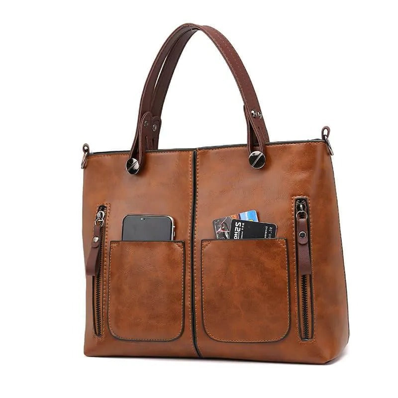 Zippered Handbag with Multiple Compartments and Organized Interior Sections