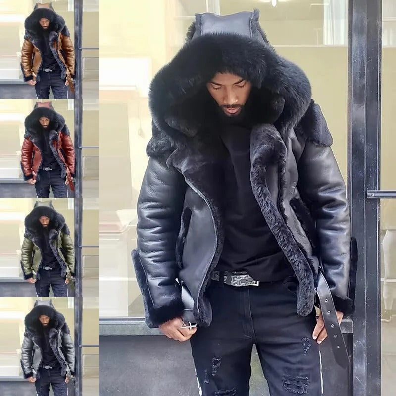Men’s Faux Leather Jacket with Faux Fur Hood and Lining