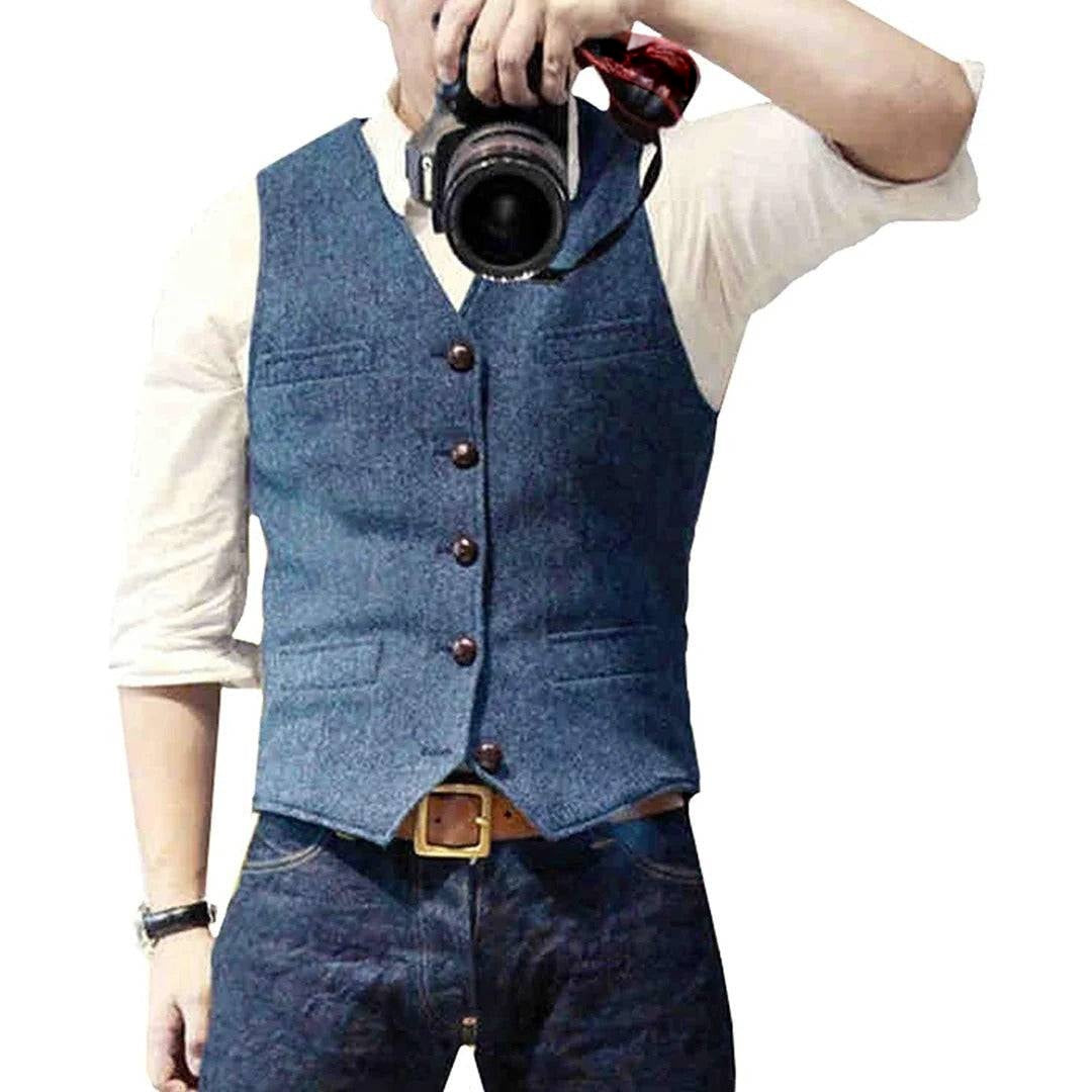 Mens Button Front Vest with Dual Pockets and Wool Blend Fabric