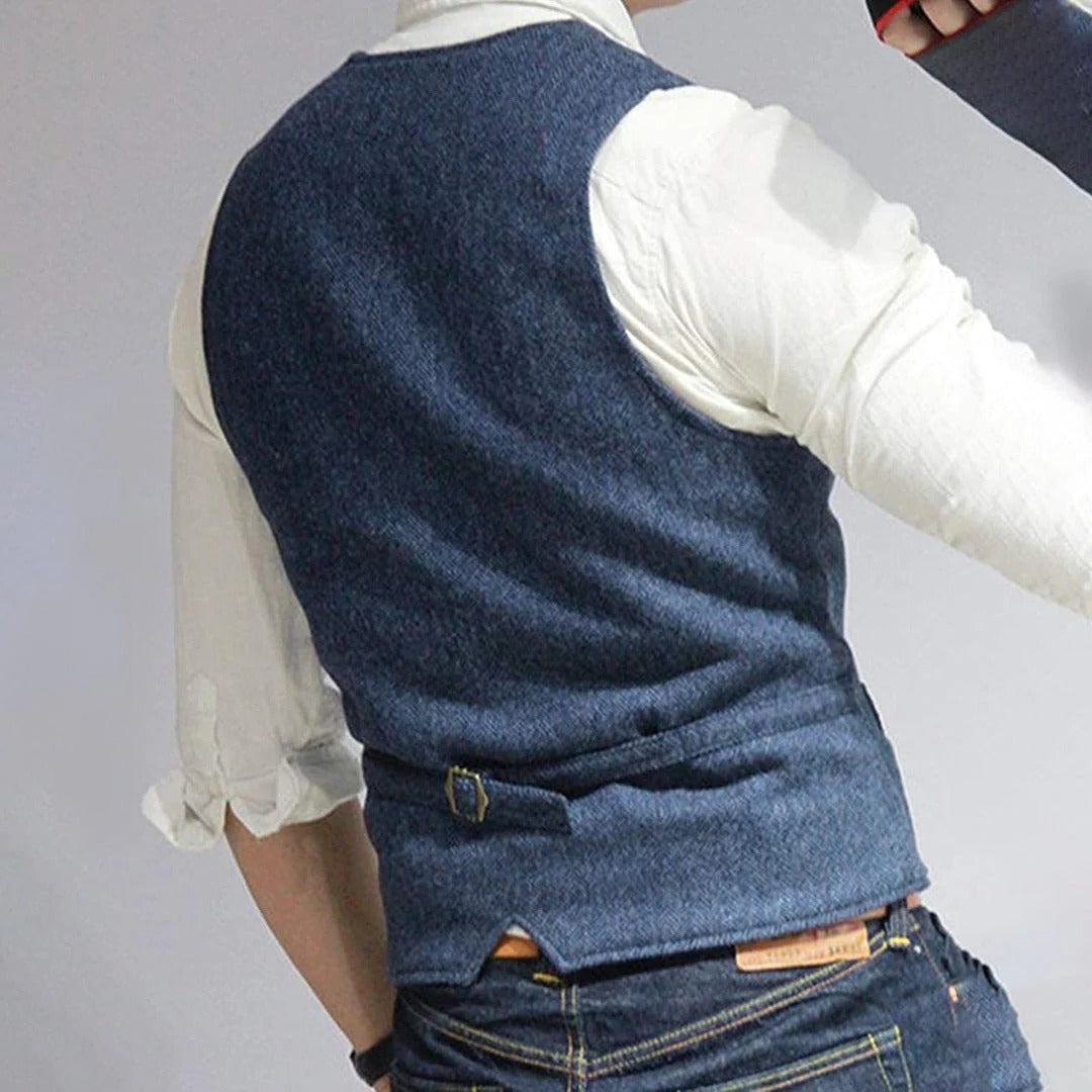 Mens Button Front Vest with Dual Pockets and Wool Blend Fabric