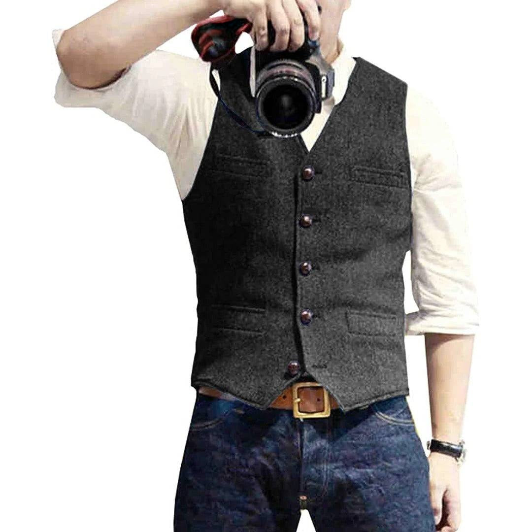 Mens Button Front Vest with Dual Pockets and Wool Blend Fabric