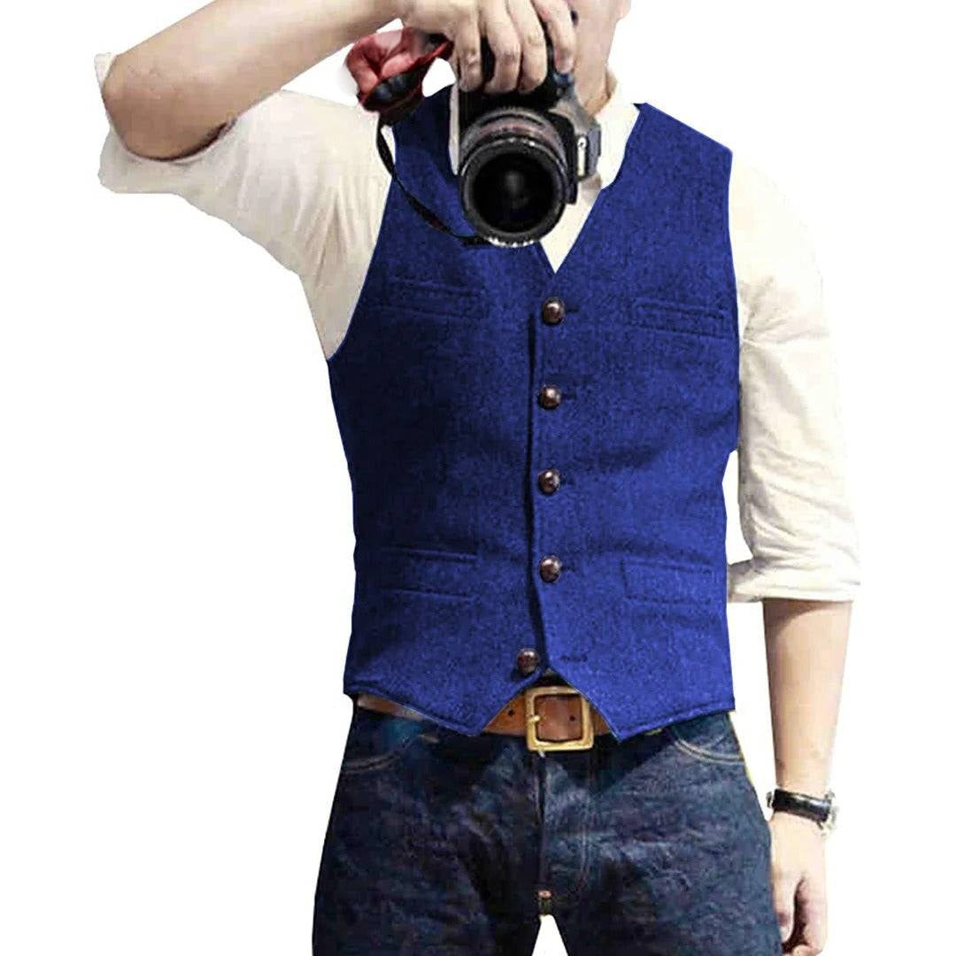 Mens Button Front Vest with Dual Pockets and Wool Blend Fabric