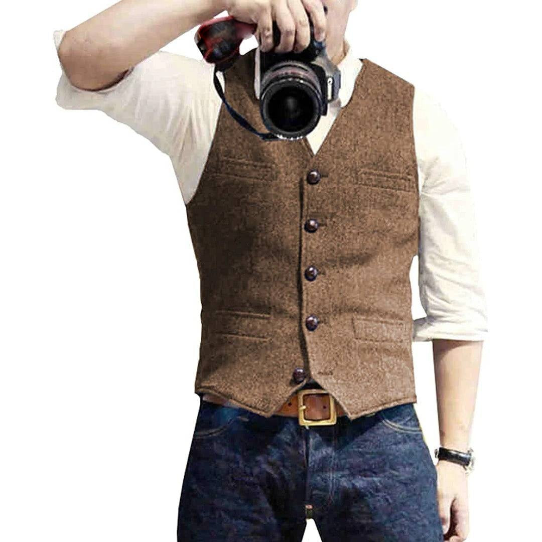 Mens Button Front Vest with Dual Pockets and Wool Blend Fabric