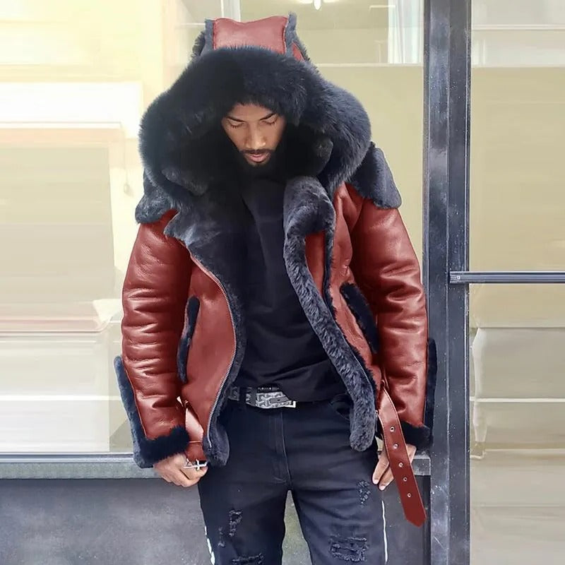 Men’s Faux Leather Jacket with Faux Fur Hood and Lining