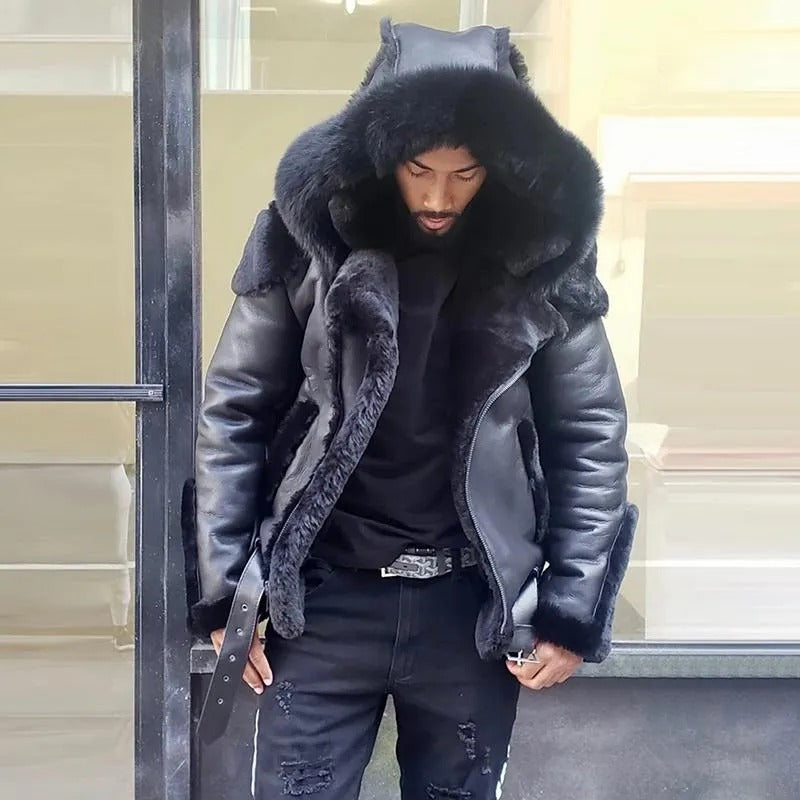 Men’s Faux Leather Jacket with Faux Fur Hood and Lining