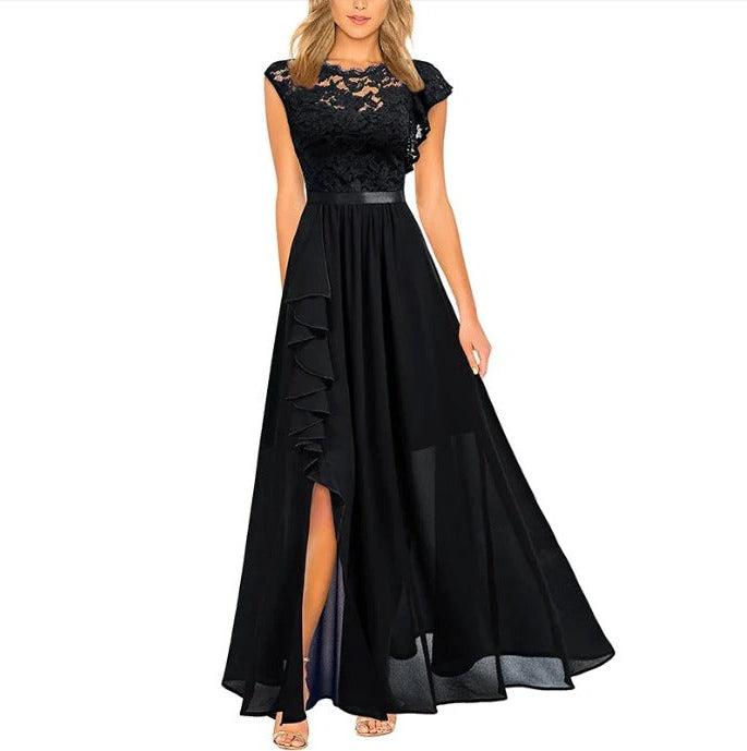 Lace Maxi Dress with Round Neckline and Short Sleeves, Ruffle Trim