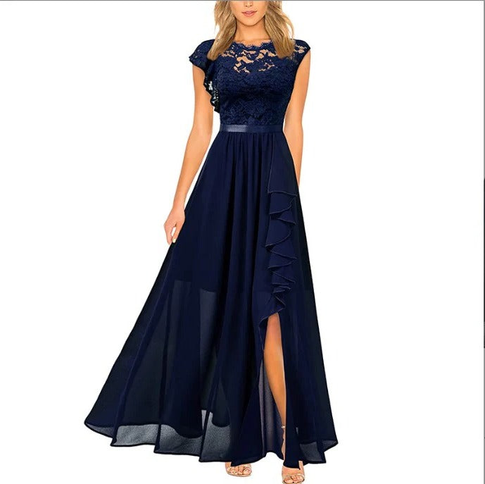 Lace Maxi Dress with Round Neckline and Short Sleeves, Ruffle Trim