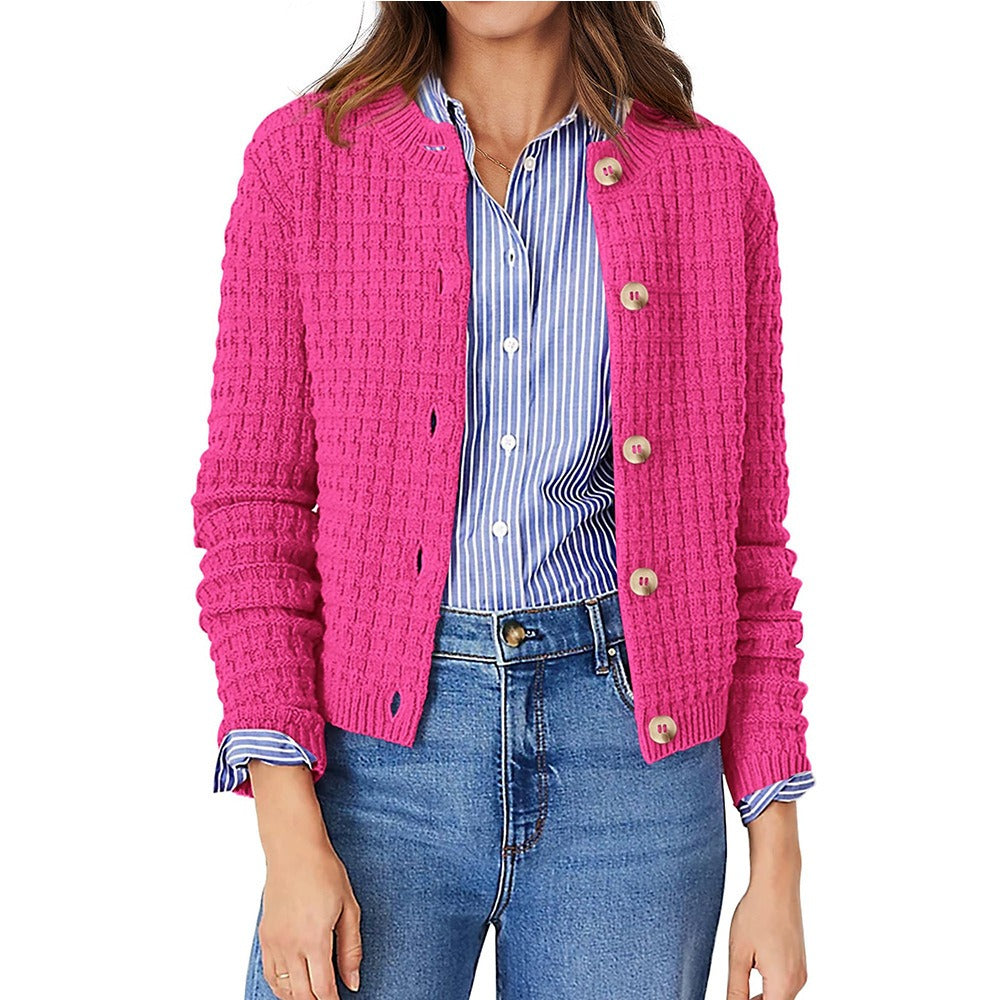 Womens Button Front Cardigan with Long Sleeves and Crewneck, Knit Cotton