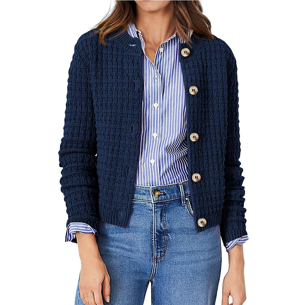 Womens Button Front Cardigan with Long Sleeves and Crewneck, Knit Cotton