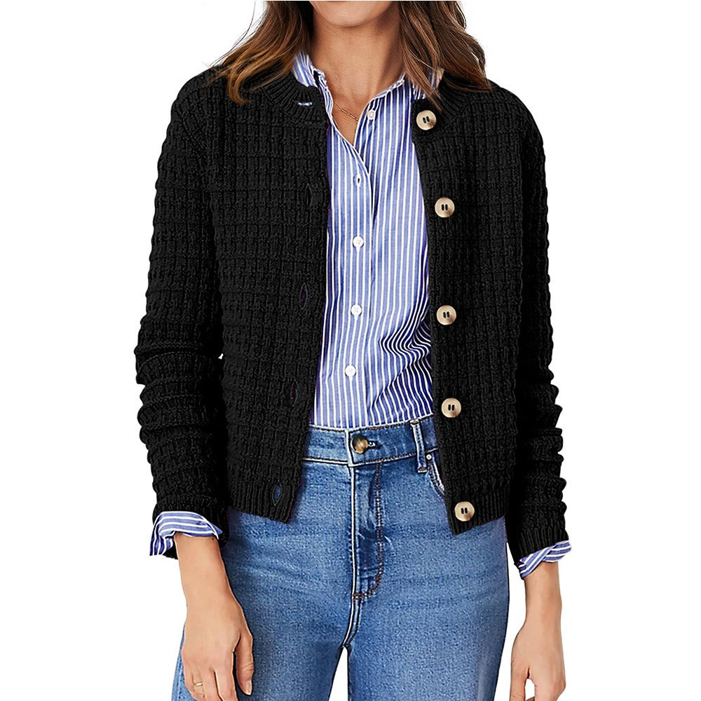 Womens Button Front Cardigan with Long Sleeves and Crewneck, Knit Cotton