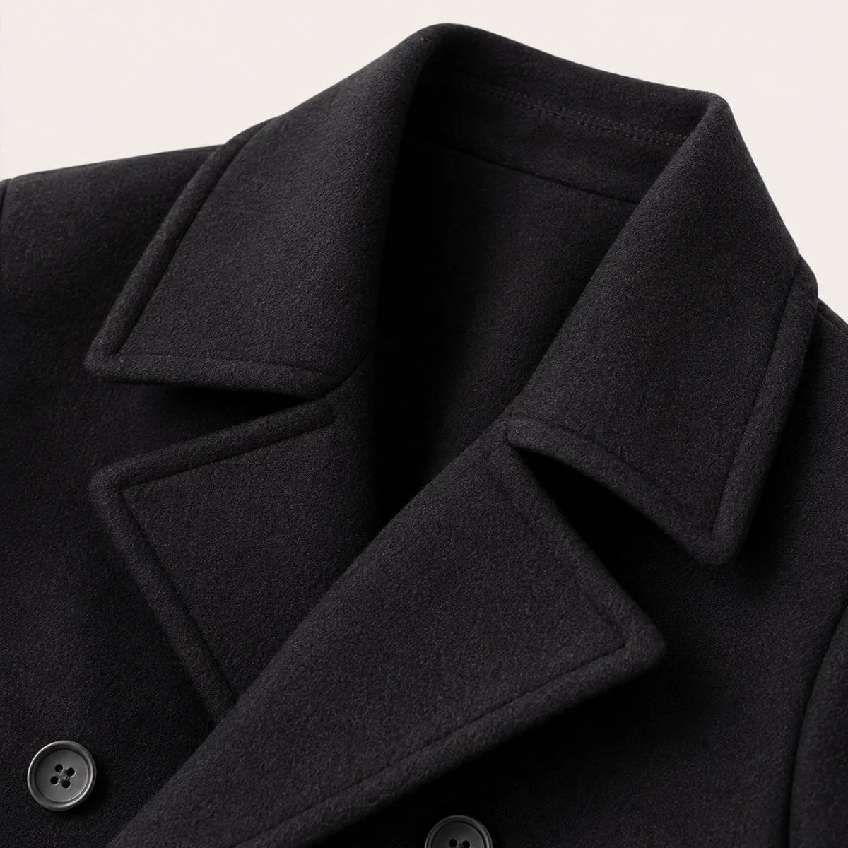 Black Wool Look Peacoat with Double Breasted Closure and Wide Notch Lapels for Men