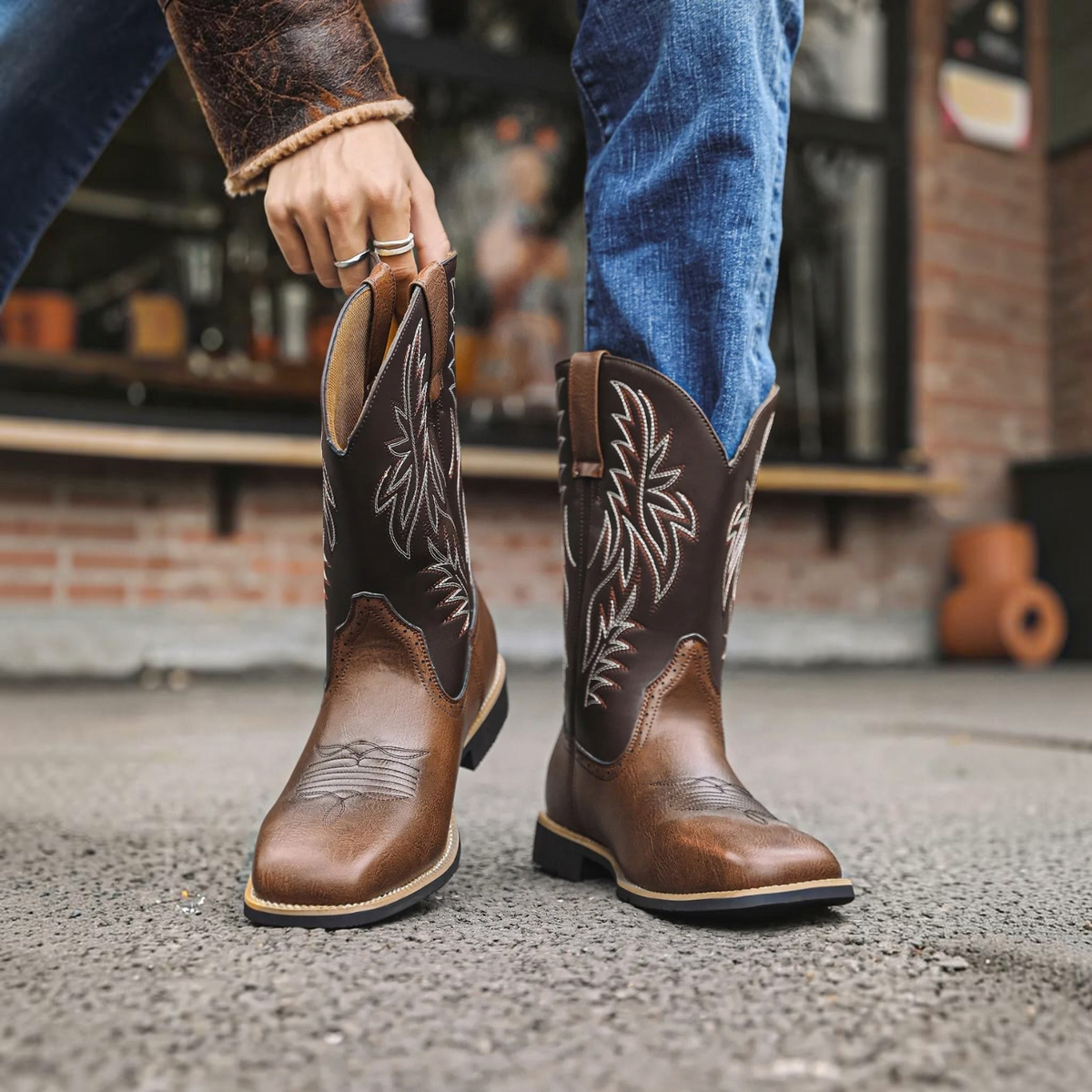 Cowboy Boots for Men with Flame Stitch and Tall Pull on Shaft, Traction Outsole