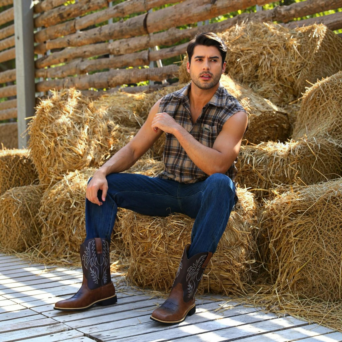 Cowboy Boots for Men with Flame Stitch and Tall Pull on Shaft, Traction Outsole