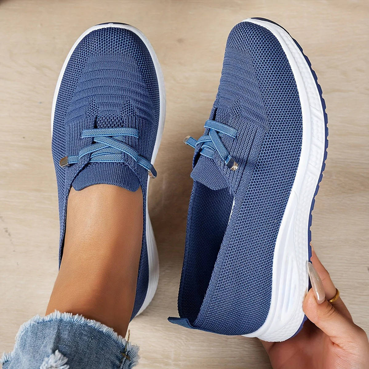 Womens Slip-On Mesh Sneakers with Elastic Lace and Cushioned Sole for Everyday Walking