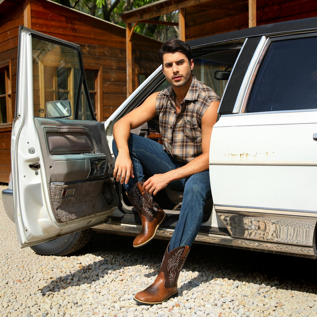 Cowboy Boots for Men with Flame Stitch and Tall Pull on Shaft, Traction Outsole