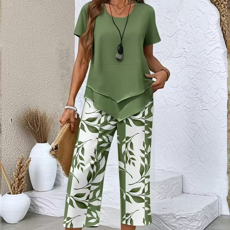 Leaf Print Two Piece Set with Short Sleeve Top and Elastic Waist Pants