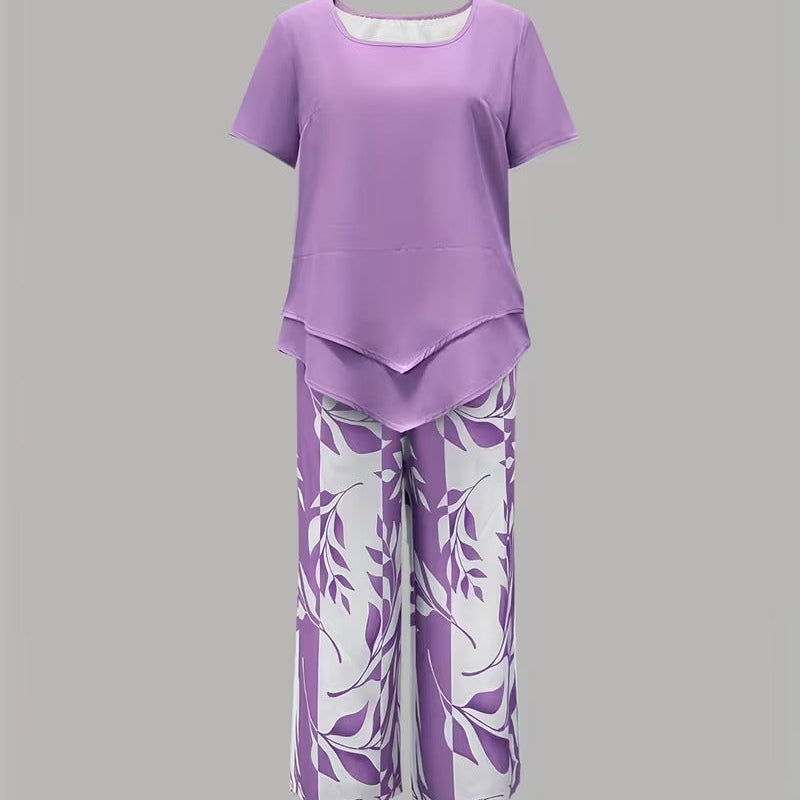 Leaf Print Two Piece Set with Short Sleeve Top and Elastic Waist Pants