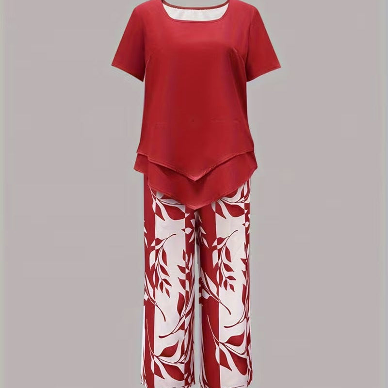 Leaf Print Two Piece Set with Short Sleeve Top and Elastic Waist Pants